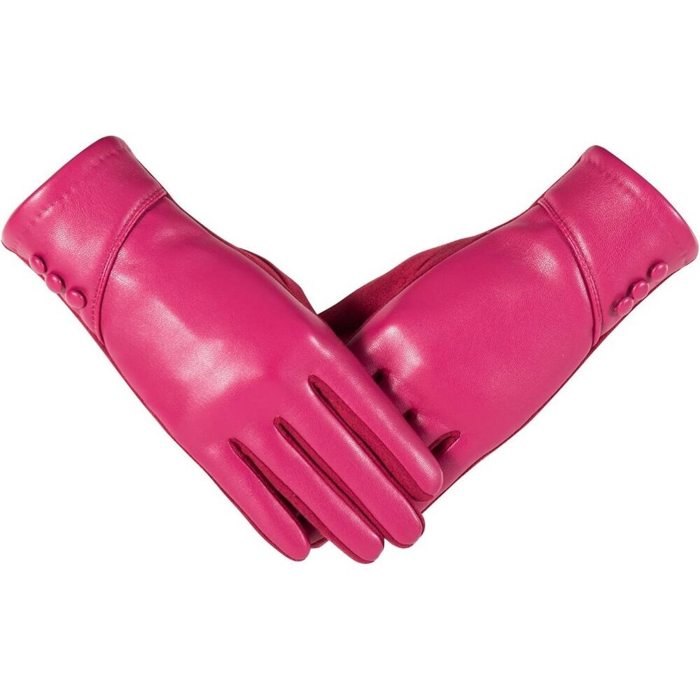 Women's Rose Red Winter Leather Suede Gloves Wool Lined Windproof Touchscreen